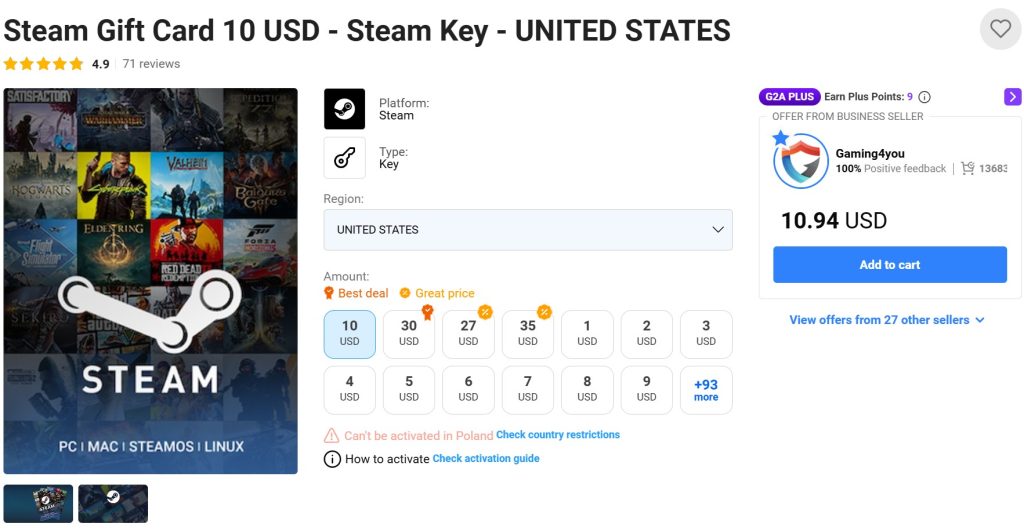 G2A gift cards category screenshot