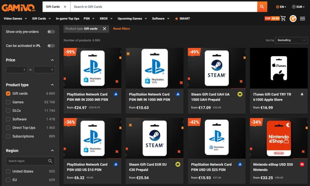 Gamivo gift cards deals