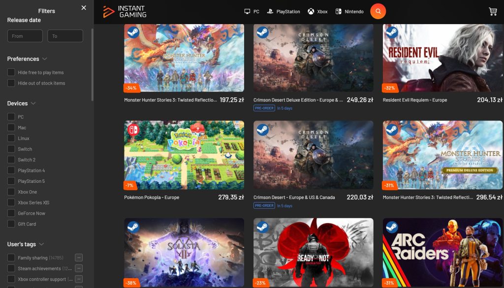 Instant Gaming website showing discounted PC and console games